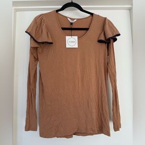 Women’s Zion Caramel Tan Long Sleeve Top with Ruffle Detail and Navy Blue Trim